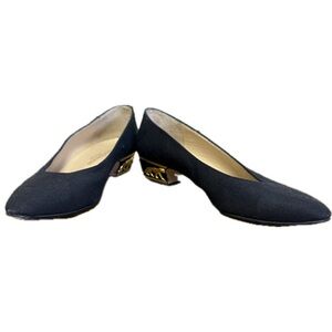 Black Jacobson’s Leather and Fabric Heels with Rounded Toe and Slip-On Design